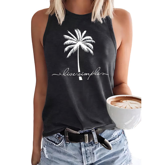 Coconut Tree Printed Crew Neck Sleevless T-Shirt